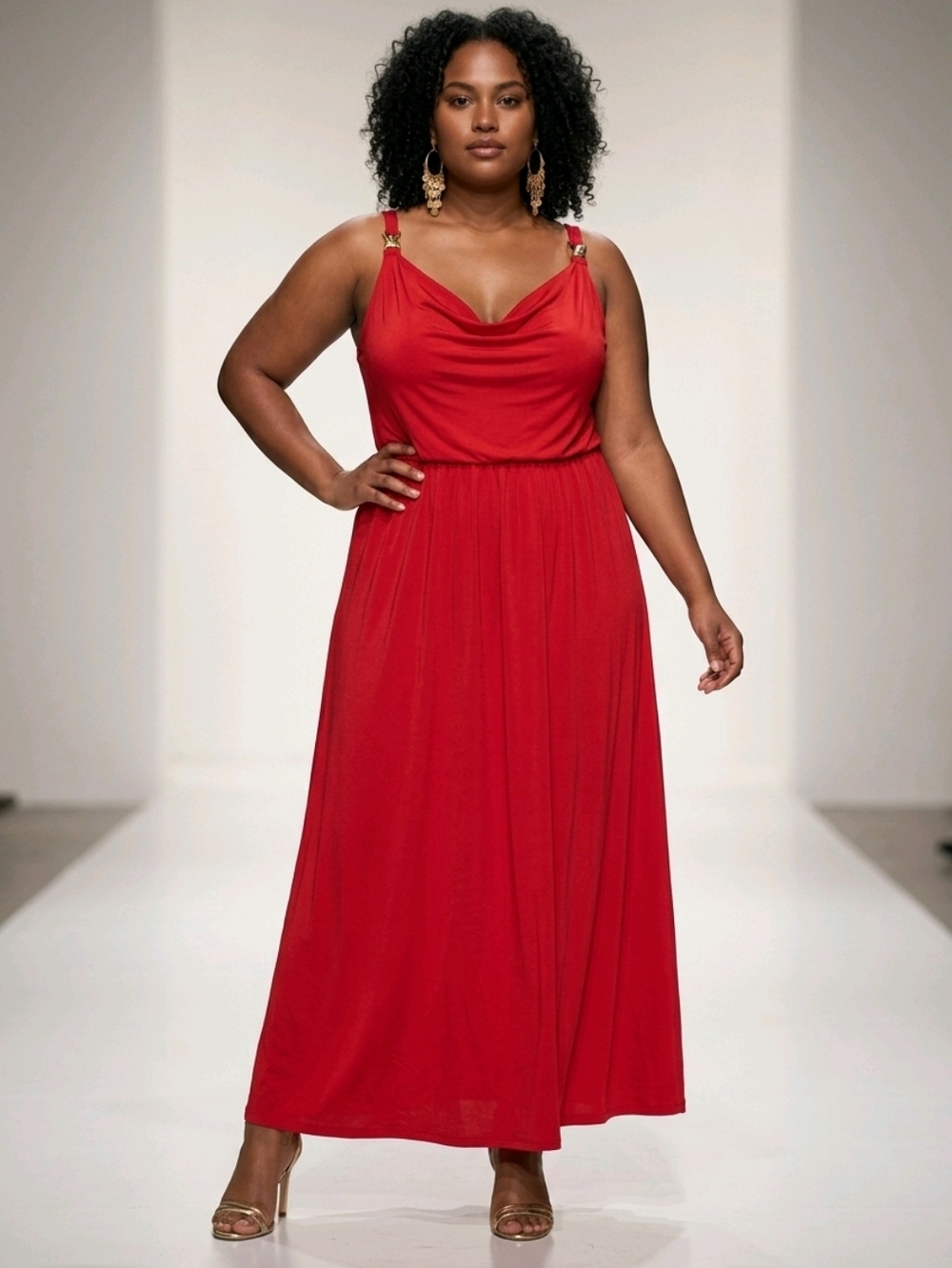 VENUS Red Cowl Neck Maxi Dress Sleeveless Jersey Side Slit Elegant Evening Party